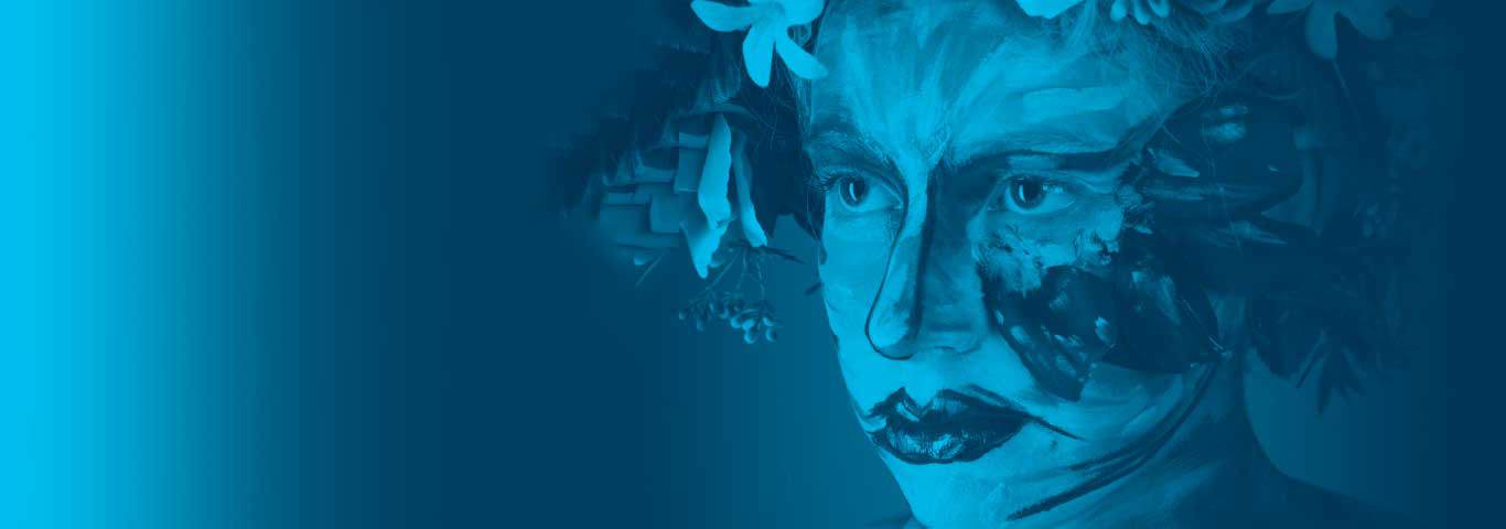 creative hair and makeup model with blue overlay