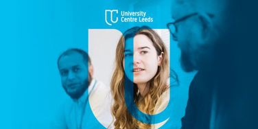 University Centre Leeds branded overlay on three students