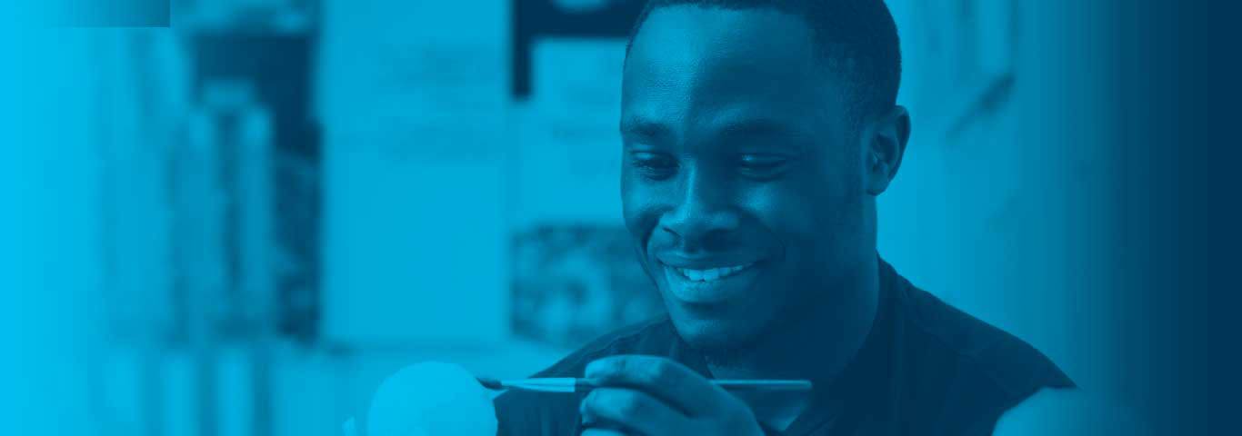 student painting, with blue overlay